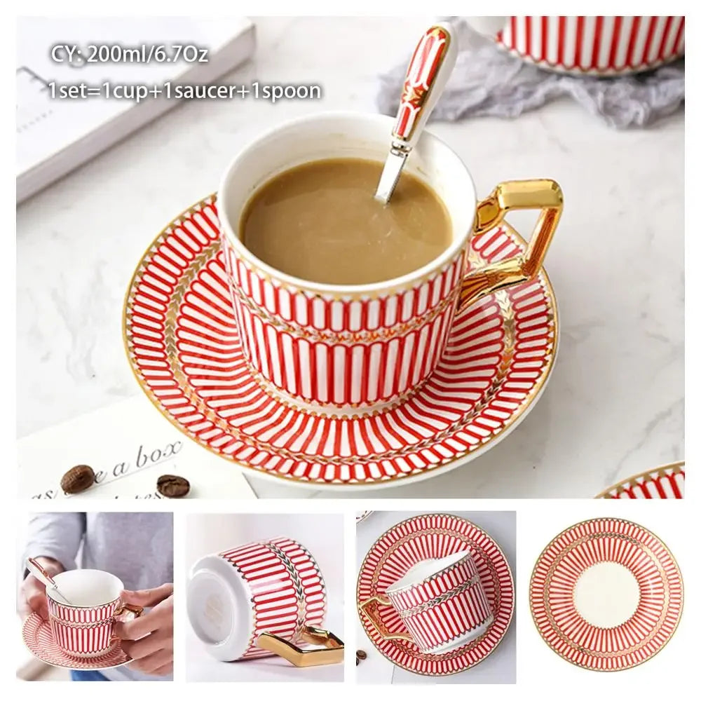 Europe Noble Bone China Coffee Cup Saucer Spoon Set 200ml Luxury Ceramic Mug Top-grade Porcelain Tea Cup Cafe Party Drinkware