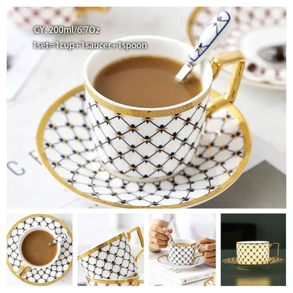 Europe Noble Bone China Coffee Cup Saucer Spoon Set 200ml Luxury Ceramic Mug Top-grade Porcelain Tea Cup Cafe Party Drinkware