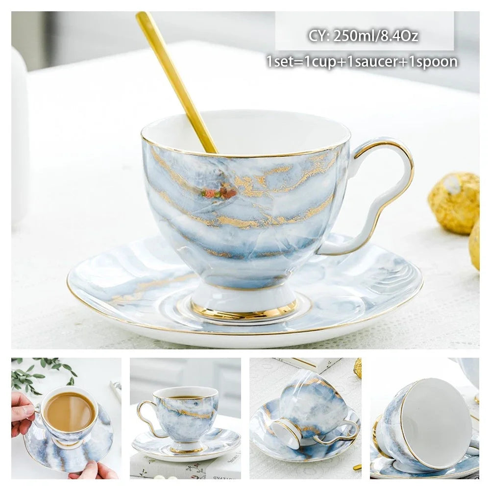 Europe Noble Bone China Coffee Cup Saucer Spoon Set 200ml Luxury Ceramic Mug Top-grade Porcelain Tea Cup Cafe Party Drinkware