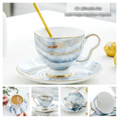 Europe Noble Bone China Coffee Cup Saucer Spoon Set 200ml Luxury Ceramic Mug Top-grade Porcelain Tea Cup Cafe Party Drinkware
