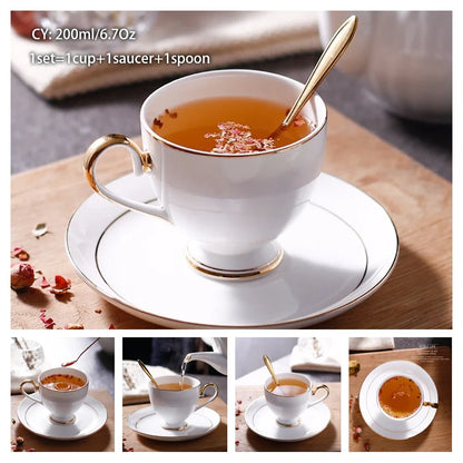 Europe Noble Bone China Coffee Cup Saucer Spoon Set 200ml Luxury Ceramic Mug Top-grade Porcelain Tea Cup Cafe Party Drinkware