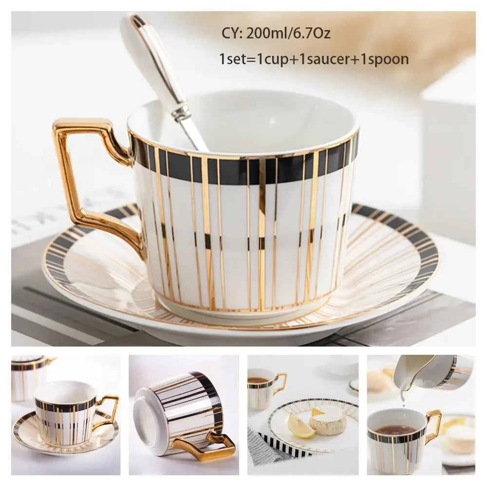 Europe Noble Bone China Coffee Cup Saucer Spoon Set 200ml Luxury Ceramic Mug Top-grade Porcelain Tea Cup Cafe Party Drinkware