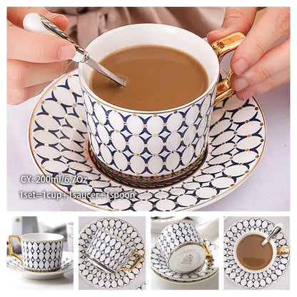 Europe Noble Bone China Coffee Cup Saucer Spoon Set 200ml Luxury Ceramic Mug Top-grade Porcelain Tea Cup Cafe Party Drinkware