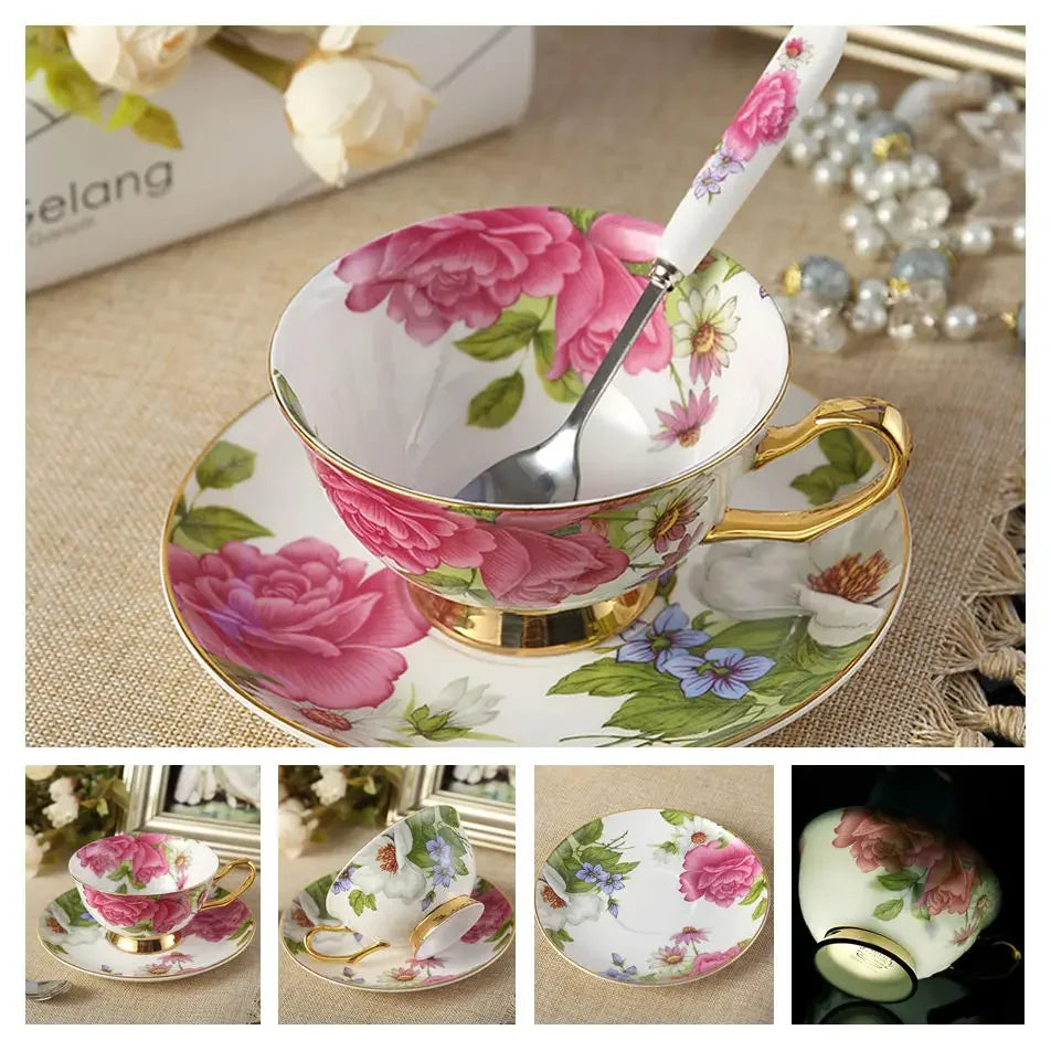 Europe Noble Bone China Coffee Cup Saucer Spoon Set 200ml Luxury Ceramic Mug Top-grade Porcelain Tea Cup Cafe Party Drinkware