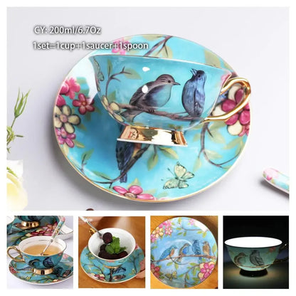 Europe Noble Bone China Coffee Cup Saucer Spoon Set 200ml Luxury Ceramic Mug Top-grade Porcelain Tea Cup Cafe Party Drinkware