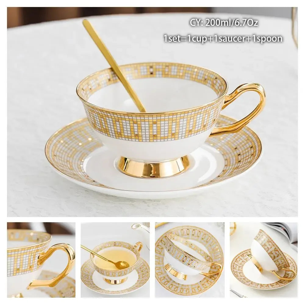 Europe Noble Bone China Coffee Cup Saucer Spoon Set 200ml Luxury Ceramic Mug Top-grade Porcelain Tea Cup Cafe Party Drinkware