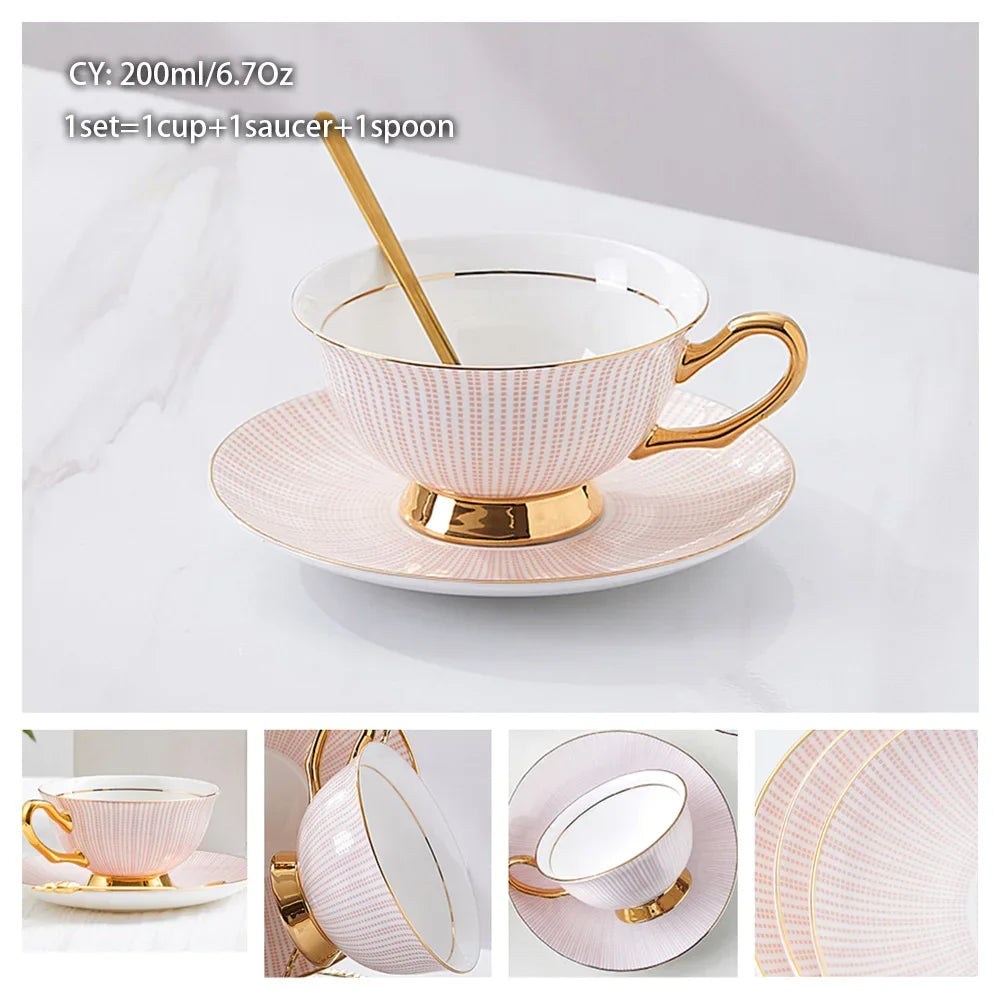 Europe Noble Bone China Coffee Cup Saucer Spoon Set 200ml Luxury Ceramic Mug Top-grade Porcelain Tea Cup Cafe Party Drinkware