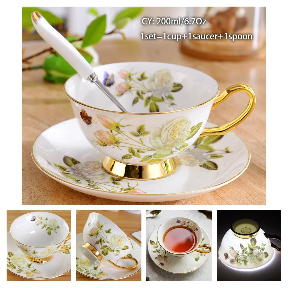 Europe Noble Bone China Coffee Cup Saucer Spoon Set 200ml Luxury Ceramic Mug Top-grade Porcelain Tea Cup Cafe Party Drinkware