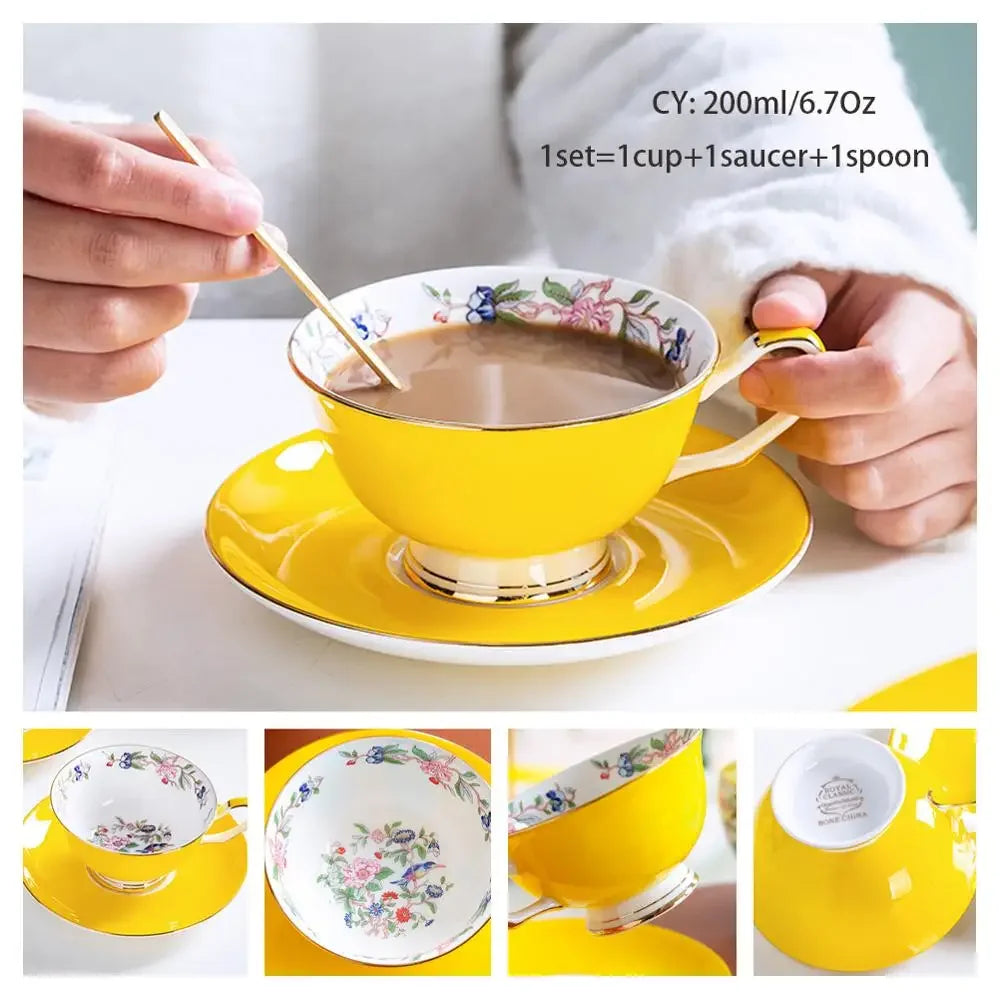 Europe Noble Bone China Coffee Cup Saucer Spoon Set 200ml Luxury Ceramic Mug Top-grade Porcelain Tea Cup Cafe Party Drinkware