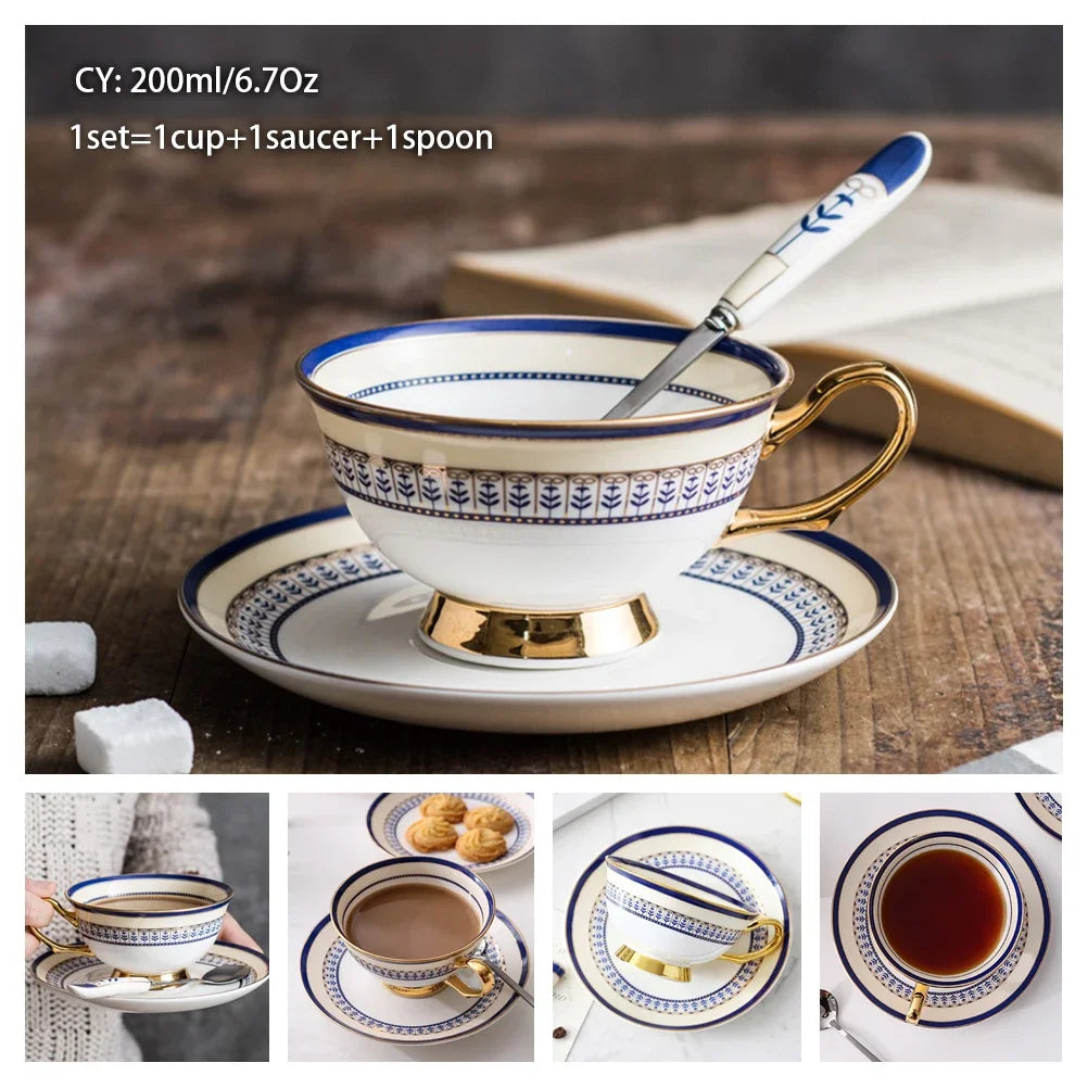 Europe Noble Bone China Coffee Cup Saucer Spoon Set 200ml Luxury Ceramic Mug Top-grade Porcelain Tea Cup Cafe Party Drinkware