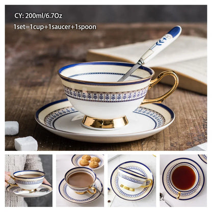 Europe Noble Bone China Coffee Cup Saucer Spoon Set 200ml Luxury Ceramic Mug Top-grade Porcelain Tea Cup Cafe Party Drinkware