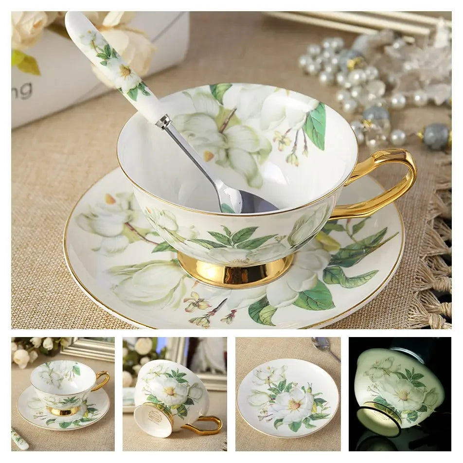 Europe Noble Bone China Coffee Cup Saucer Spoon Set 200ml Luxury Ceramic Mug Top-grade Porcelain Tea Cup Cafe Party Drinkware