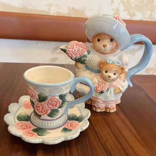 European Rose Garden style Teapot Tea Cup Creative Bear Coffee Cup and saucer Set Hand-painted ceramic afternoon tea coffee mug