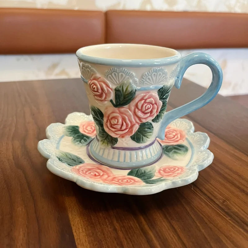 European Rose Garden style Teapot Tea Cup Creative Bear Coffee Cup and saucer Set Hand-painted ceramic afternoon tea coffee mug