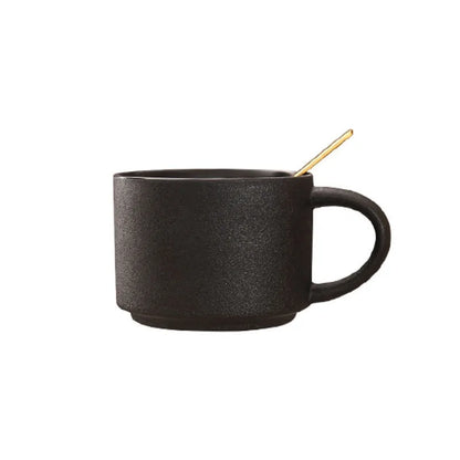European Style Black Frosted Ceramic Coffee Cup with Wood Tray, Cafe Mug, Restaurant Black Mugs, Spoon, Gold Decal, Couple Cups