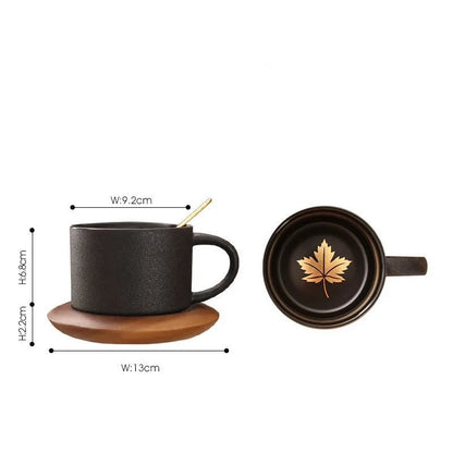 European Style Black Frosted Ceramic Coffee Cup with Wood Tray, Cafe Mug, Restaurant Black Mugs, Spoon, Gold Decal, Couple Cups