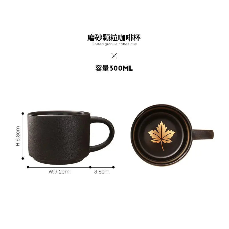 European Style Black Frosted Ceramic Coffee Cup with Wood Tray, Cafe Mug, Restaurant Black Mugs, Spoon, Gold Decal, Couple Cups