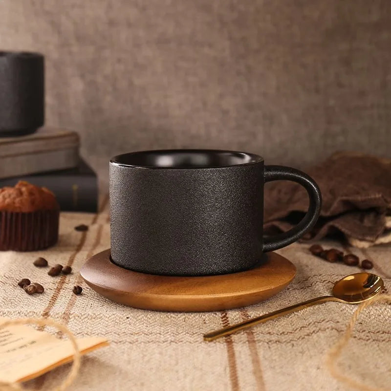 European Style Black Frosted Ceramic Coffee Cup with Wood Tray, Cafe Mug, Restaurant Black Mugs, Spoon, Gold Decal, Couple Cups