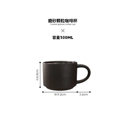 European Style Black Frosted Ceramic Coffee Cup with Wood Tray, Cafe Mug, Restaurant Black Mugs, Spoon, Gold Decal, Couple Cups