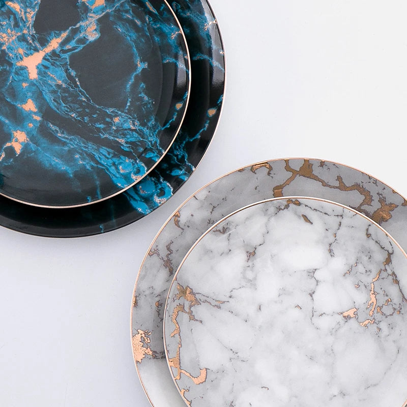 European Style Marble Plates Ceramic Dinner Set Gold Inlay Porcelain Dessert Plate Steak Salad Snack Cake Plates Tableware