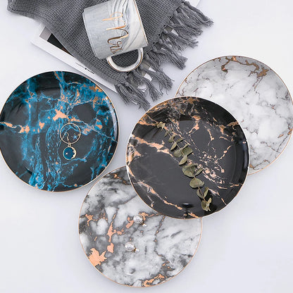 European Style Marble Plates Ceramic Dinner Set Gold Inlay Porcelain Dessert Plate Steak Salad Snack Cake Plates Tableware