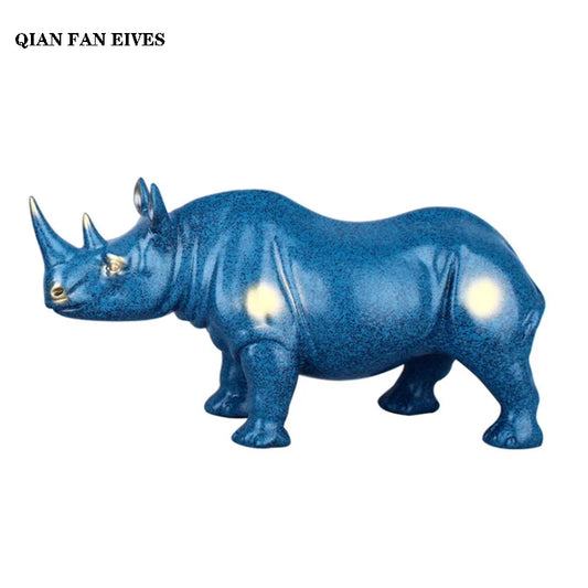 European blue resin rhino statue，Modern art sculpture，Wild animal statue，High-end home decorations，Office decorations statues