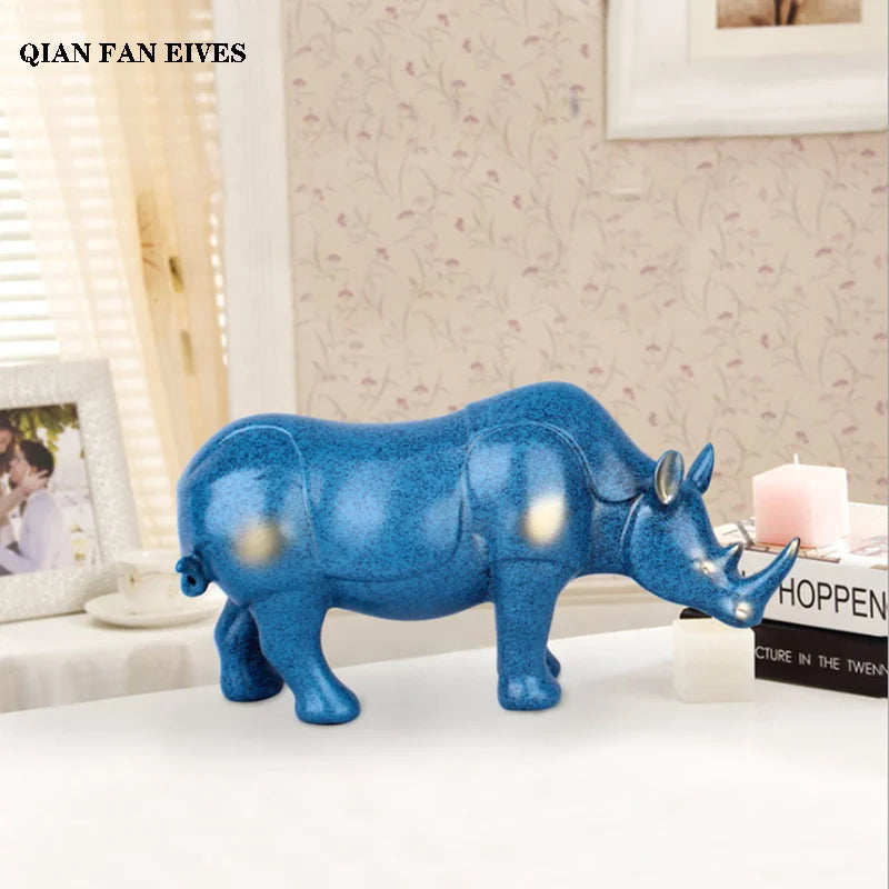 European blue resin rhino statue，Modern art sculpture，Wild animal statue，High-end home decorations，Office decorations statues