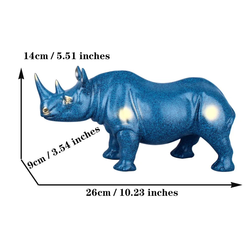 European blue resin rhino statue，Modern art sculpture，Wild animal statue，High-end home decorations，Office decorations statues