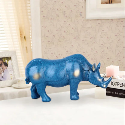 European blue resin rhino statue，Modern art sculpture，Wild animal statue，High-end home decorations，Office decorations statues