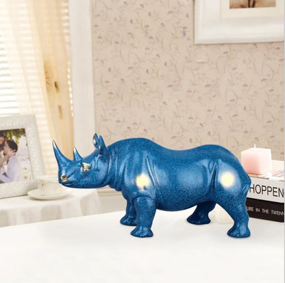 European blue resin rhino statue，Modern art sculpture，Wild animal statue，High-end home decorations，Office decorations statues