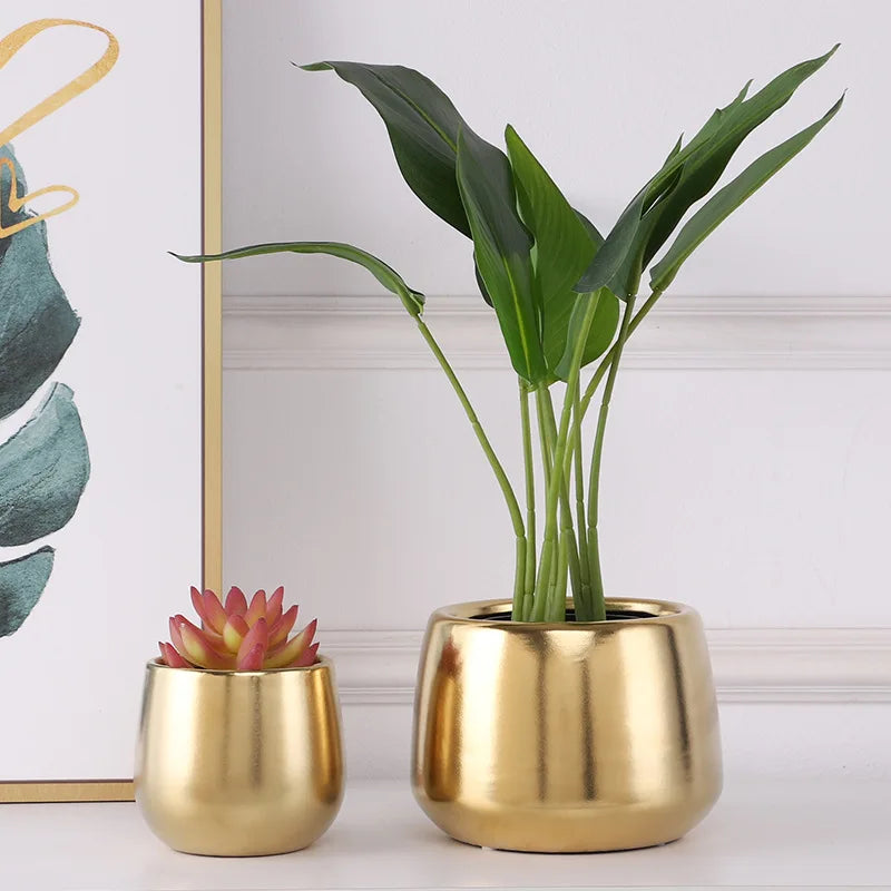European golden vase big mouth flower arranging succulent flower pot tabletop decoration living room art deco vase decoration