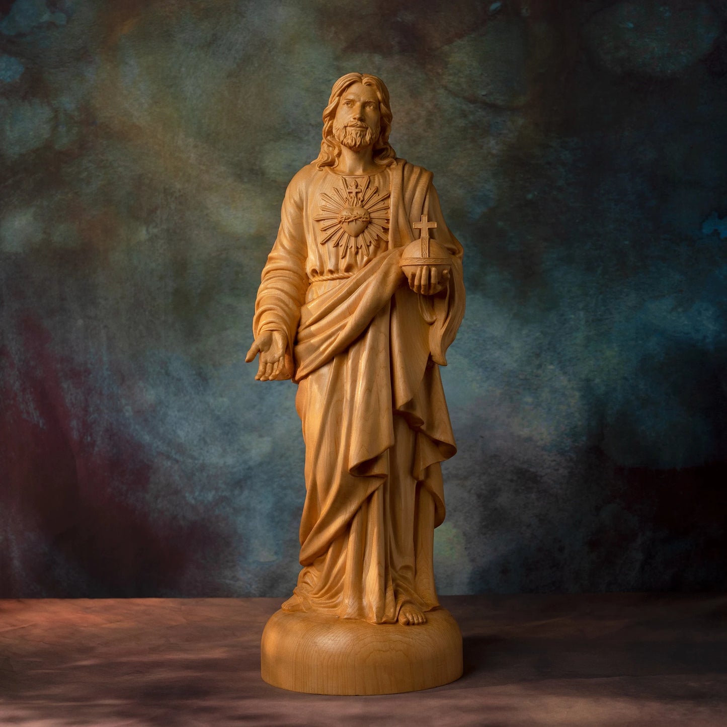 European juniper Jesus statue Sacred Heart prayer wood carving religious decoration Christian altar decoration icon sculpture