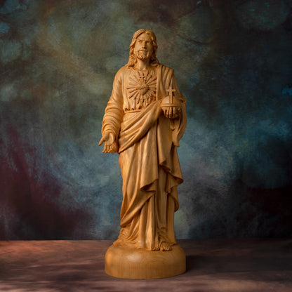 European juniper Jesus statue Sacred Heart prayer wood carving religious decoration Christian altar decoration icon sculpture