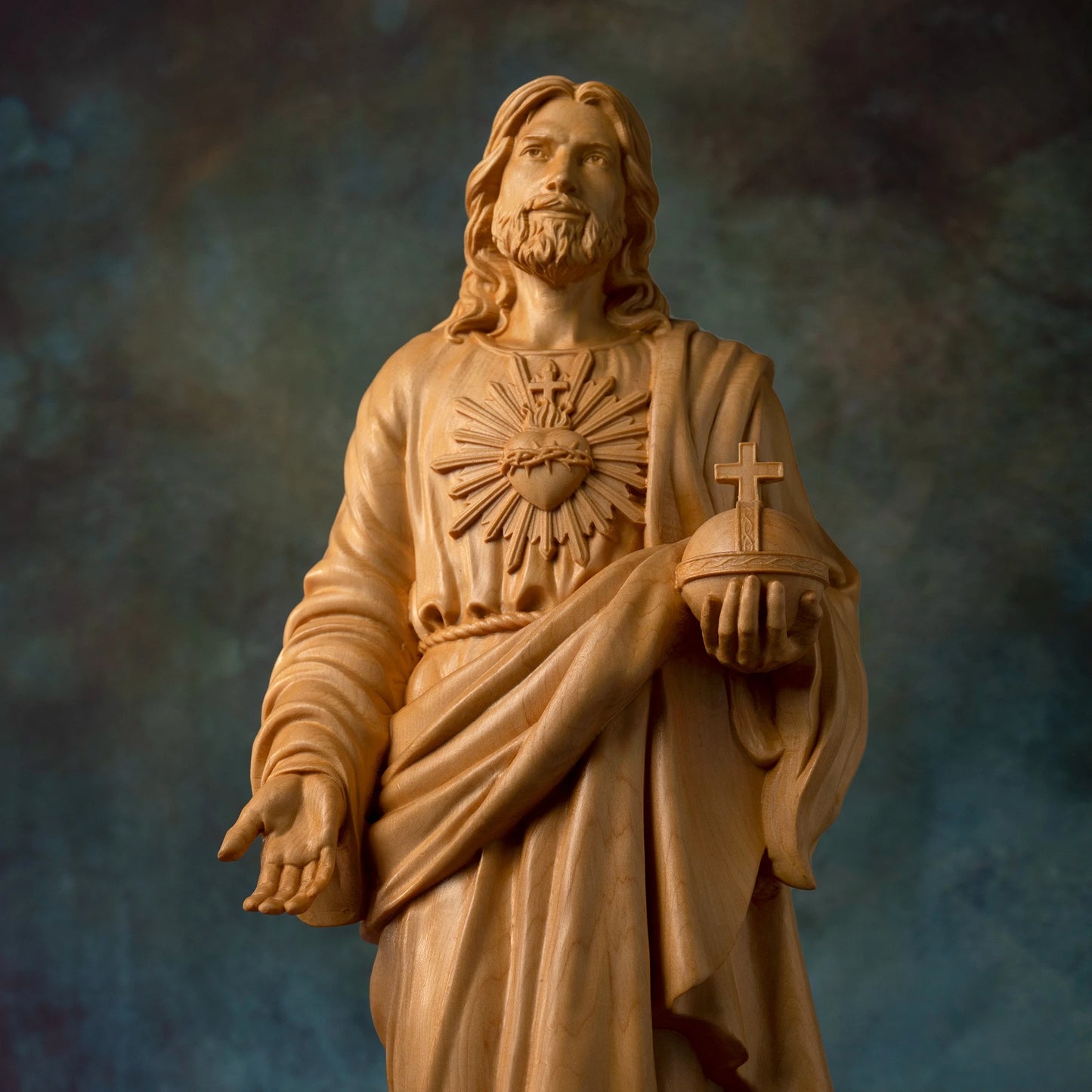 European juniper Jesus statue Sacred Heart prayer wood carving religious decoration Christian altar decoration icon sculpture