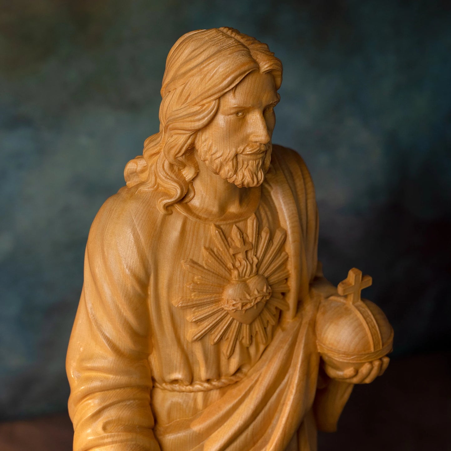 European juniper Jesus statue Sacred Heart prayer wood carving religious decoration Christian altar decoration icon sculpture