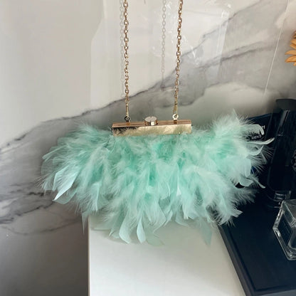 Evening Bag Plush Feather Clutch Purse Handbag with Detachable Chain Mini Crossbody Purse Bag Wedding Bag for Party Prom