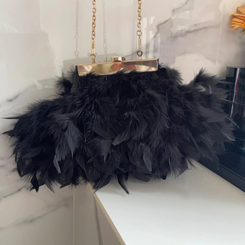 Evening Bag Plush Feather Clutch Purse Handbag with Detachable Chain Mini Crossbody Purse Bag Wedding Bag for Party Prom