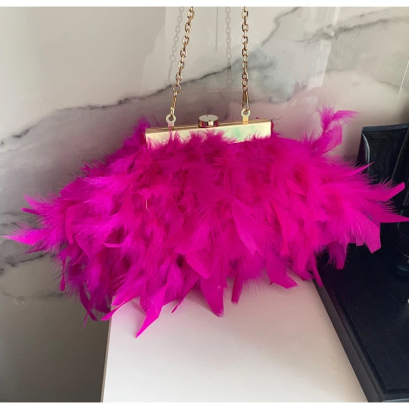 Evening Bag Plush Feather Clutch Purse Handbag with Detachable Chain Mini Crossbody Purse Bag Wedding Bag for Party Prom