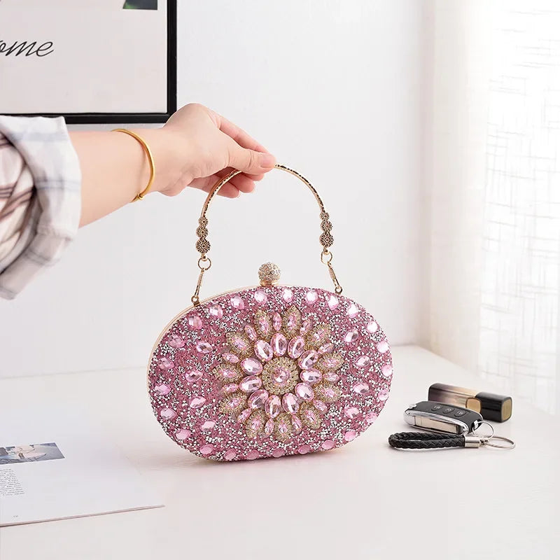 Evening Clutch Bag for Women Wedding Flower Diamond Purses Chain Designer Luxury Golden Bags Party Handbag with Metal Handle New