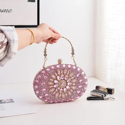 Evening Clutch Bag for Women Wedding Flower Diamond Purses Chain Designer Luxury Golden Bags Party Handbag with Metal Handle New