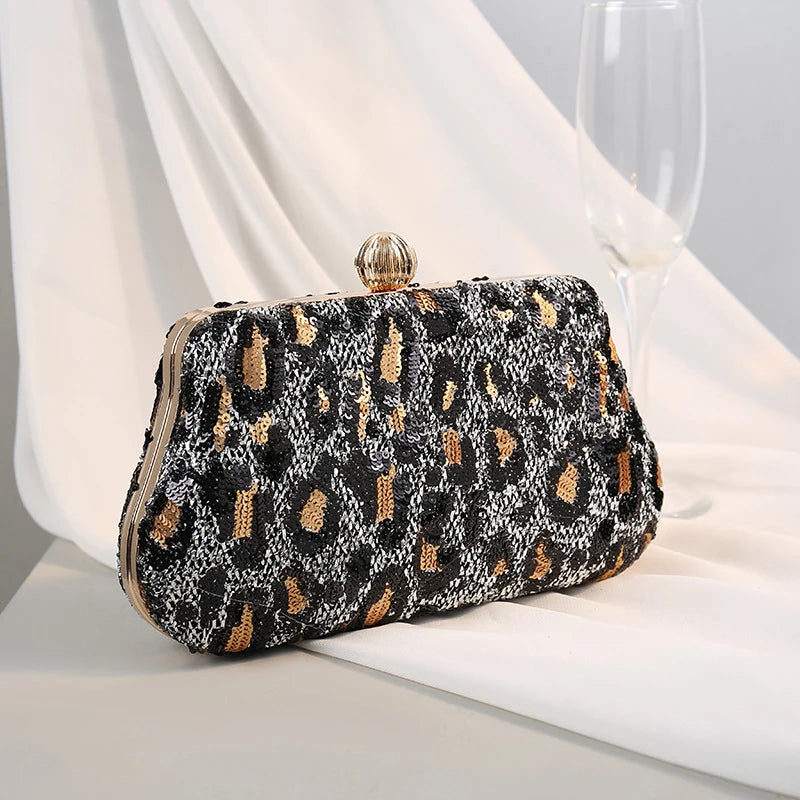 Evening Clutch Bags for Wedding Party Luxury Vintage Leopard Sequined Purses Women Handbags 2024 Bag with Chain New Embellished