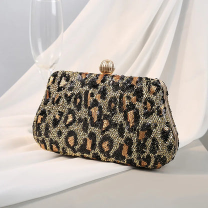 Evening Clutch Bags for Wedding Party Luxury Vintage Leopard Sequined Purses Women Handbags 2024 Bag with Chain New Embellished