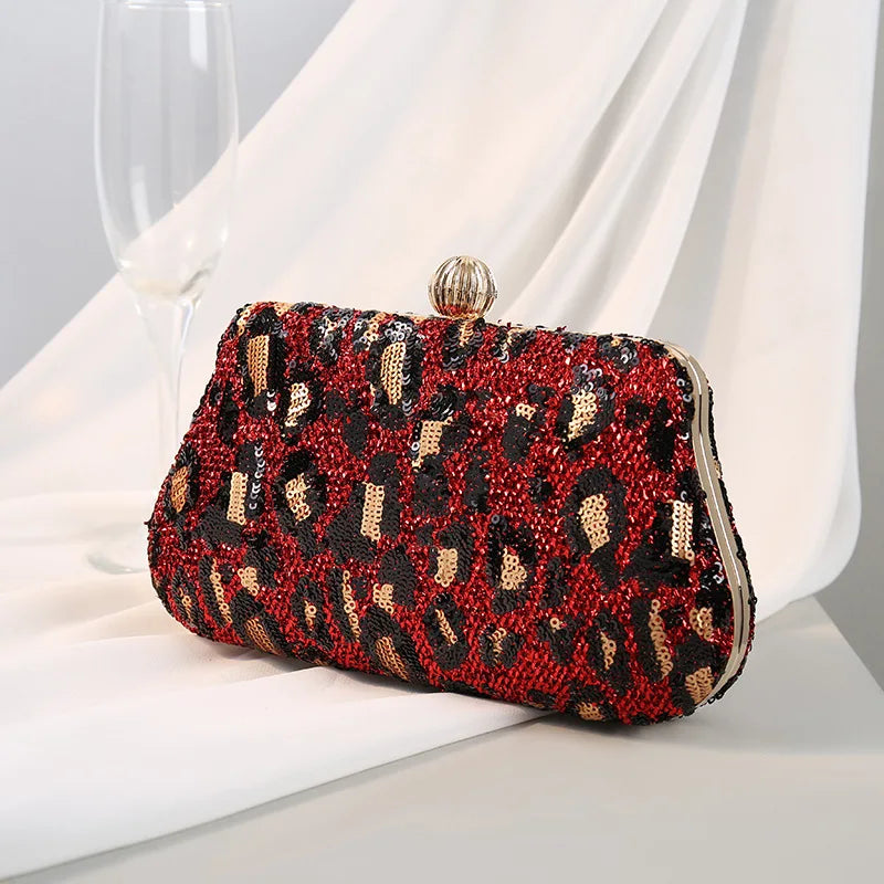 Evening Clutch Bags for Wedding Party Luxury Vintage Leopard Sequined Purses Women Handbags 2024 Bag with Chain New Embellished