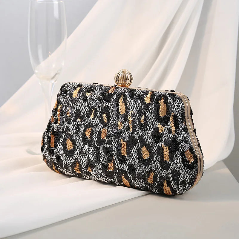 Evening Clutch Bags for Wedding Party Luxury Vintage Leopard Sequined Purses Women Handbags 2024 Bag with Chain New Embellished