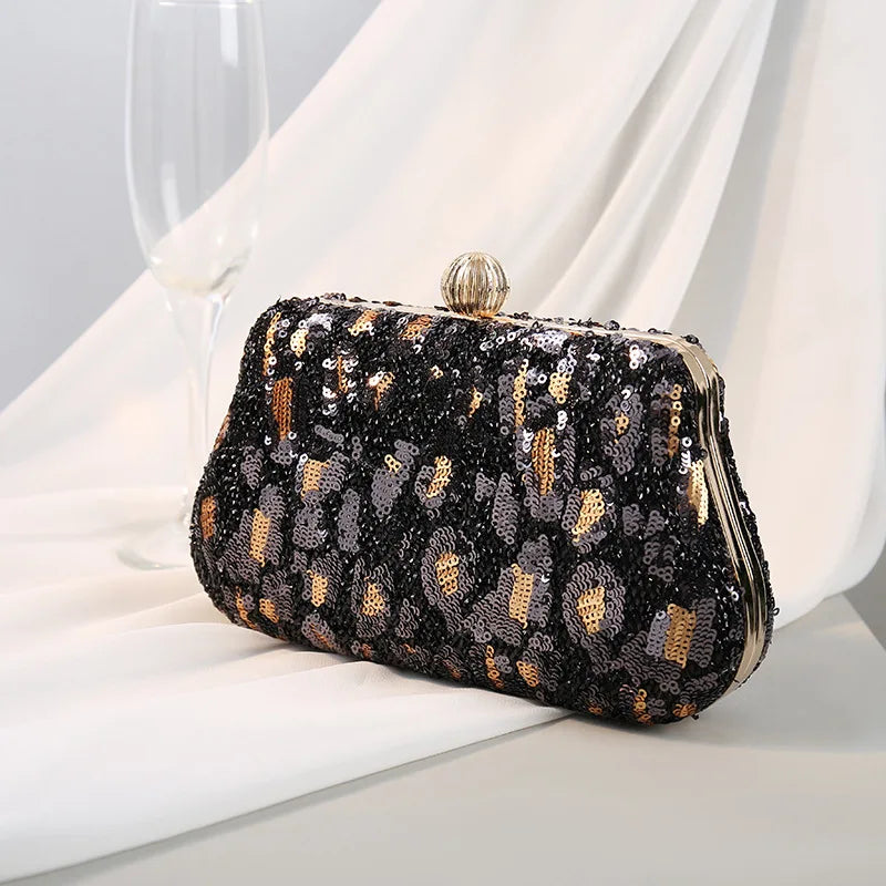 Evening Clutch Bags for Wedding Party Luxury Vintage Leopard Sequined Purses Women Handbags 2024 Bag with Chain New Embellished