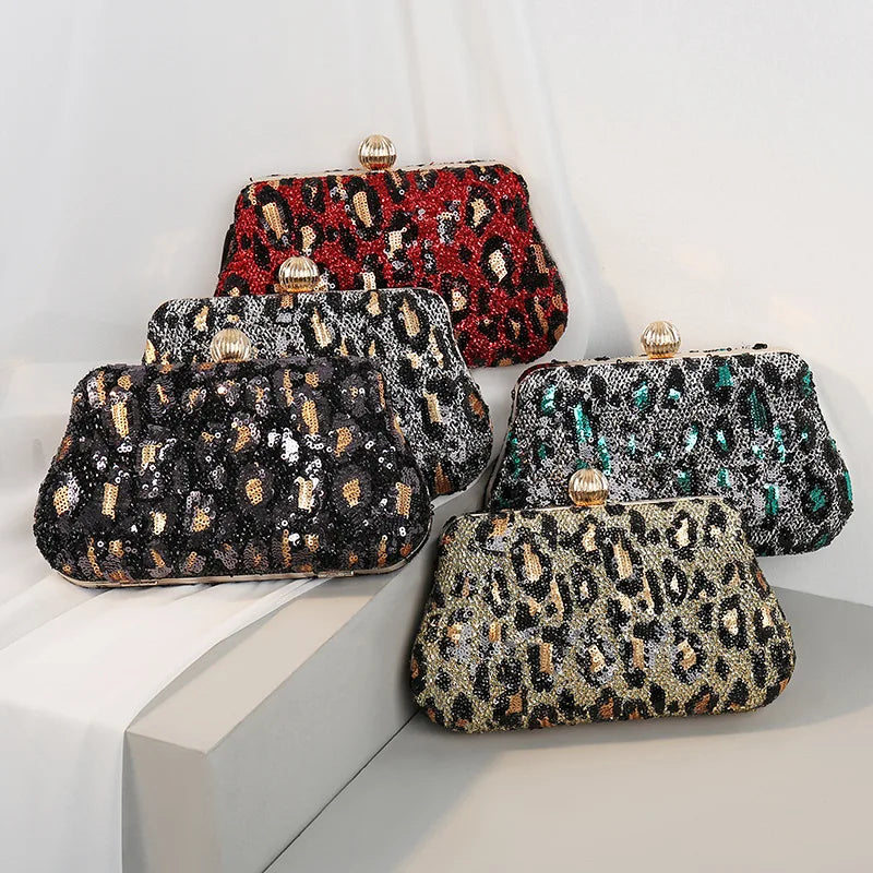 Evening Clutch Bags for Wedding Party Luxury Vintage Leopard Sequined Purses Women Handbags 2024 Bag with Chain New Embellished