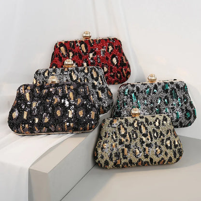 Evening Clutch Bags for Wedding Party Luxury Vintage Leopard Sequined Purses Women Handbags 2024 Bag with Chain New Embellished