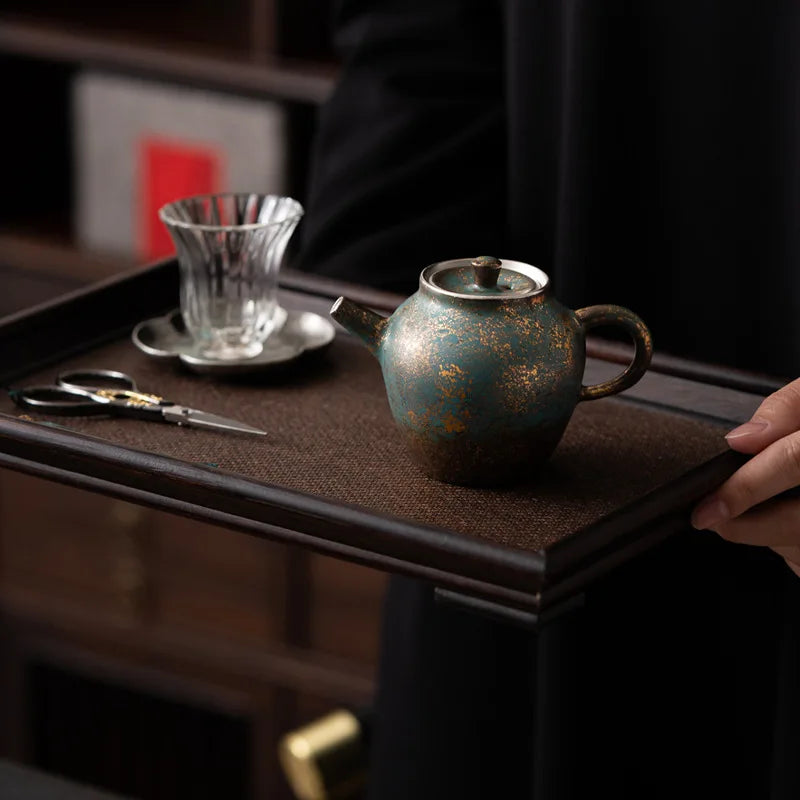 Evergreen Glaze Gold and Silver Color Leshan Pot Handmade Retro Small Teapot Kung Fu Tea Set Teapot Hand Ewer Single Tea Kettle