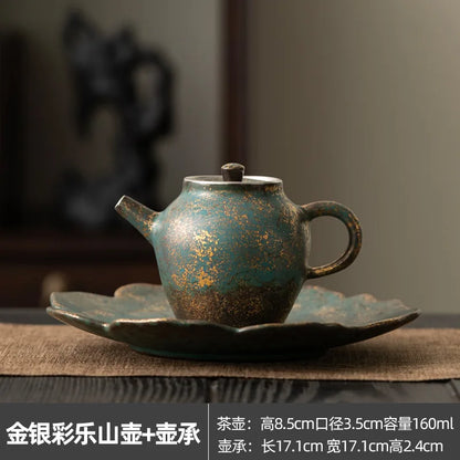 Evergreen Glaze Gold and Silver Color Leshan Pot Handmade Retro Small Teapot Kung Fu Tea Set Teapot Hand Ewer Single Tea Kettle