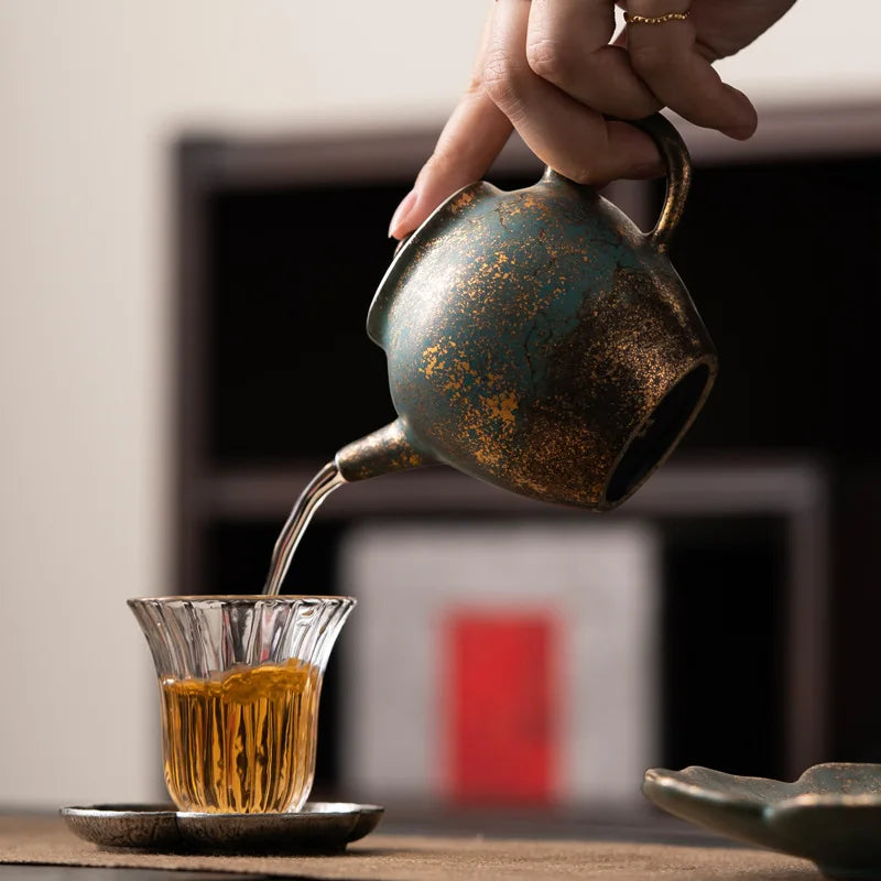 Evergreen Glaze Gold and Silver Color Leshan Pot Handmade Retro Small Teapot Kung Fu Tea Set Teapot Hand Ewer Single Tea Kettle